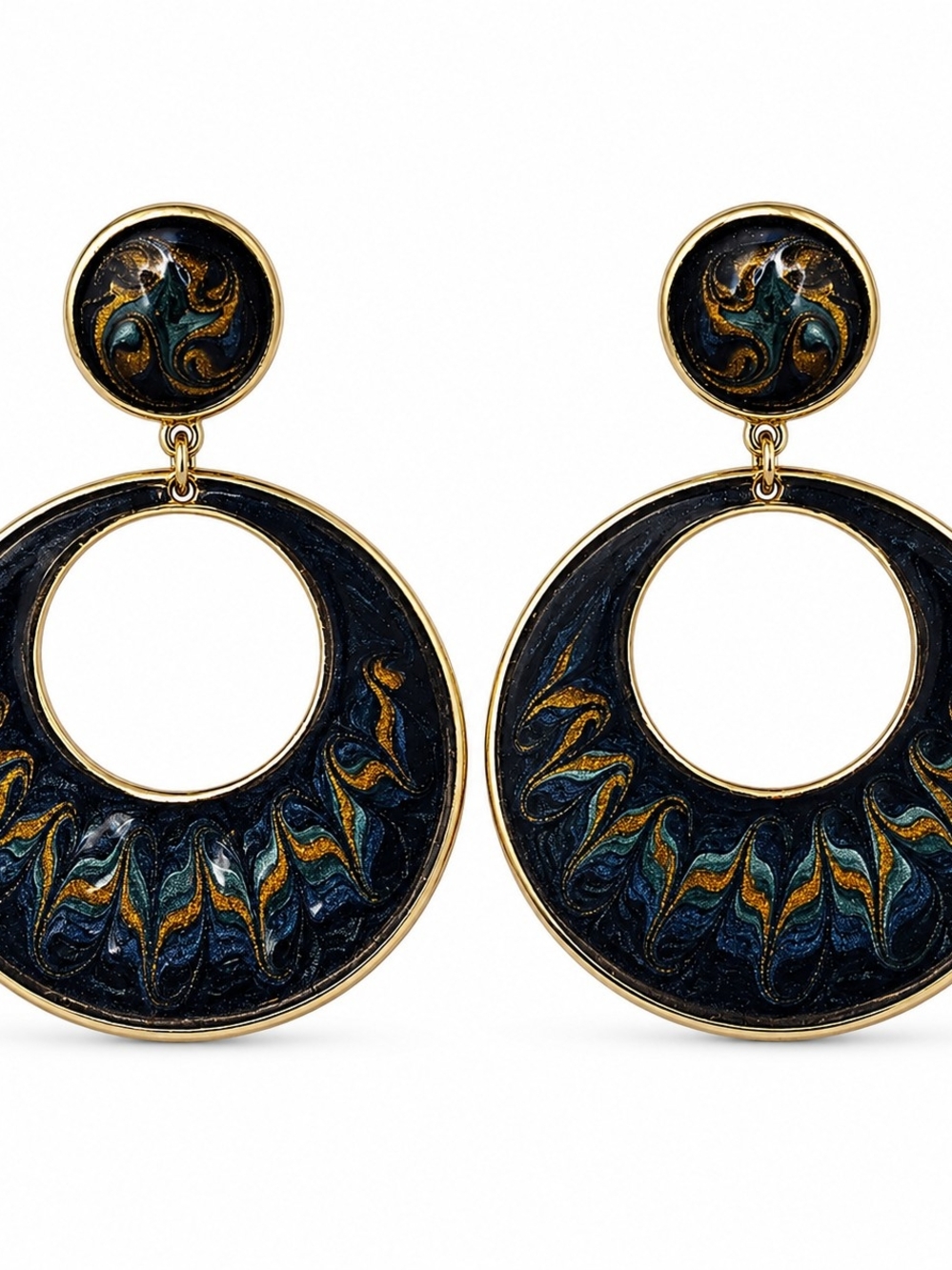 Vintage Enamel Statement Earrings Blue Gold Oversized Hoop Dangle Earrings 1980s
